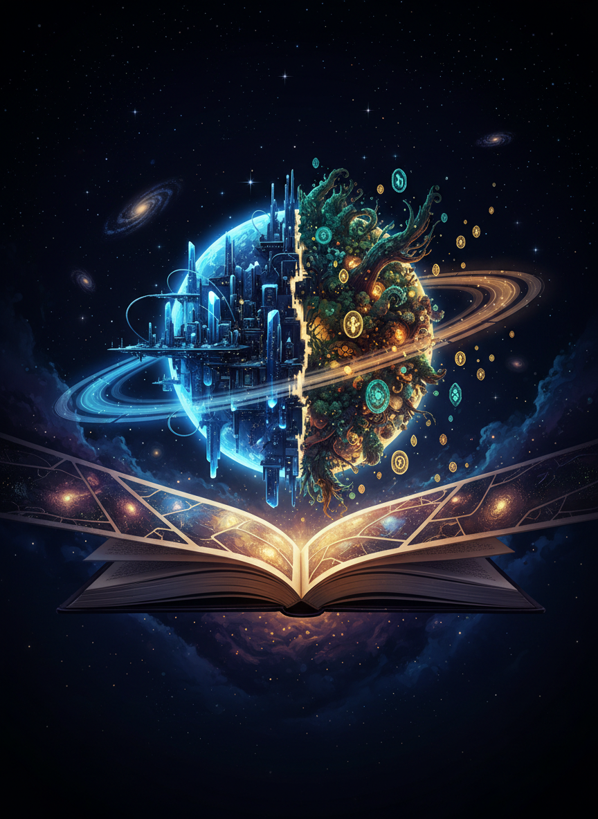 A sleek, vertically oriented digital-art poster representing Hemisphere Studios, centered on an abstract, ringed world split into two contrasting hemispheres: one a luminous, futuristic cityscape of crystalline towers and floating platforms, the other a wild, arcane forest of bioluminescent trees and hovering runes. The planet hovers above an intricate, open storybook whose pages morph into nebulae and starlit panels reminiscent of comics. Deep indigo and burnished gold dominate the palette. Subtle rim lighting outlines the planet against a starfield. The composition uses a clean, sophisticated layout with generous negative space and soft vignette, evoking speculative fiction, interactive storytelling, and a single creator’s imaginative universe, with no text or logos, rendered in refined, high-resolution digital art.