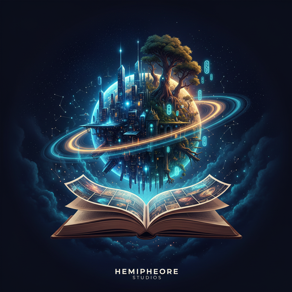 A sleek, vertically oriented digital-art poster representing Hemisphere Studios, centered on an abstract, ringed world split into two contrasting hemispheres: one a luminous, futuristic cityscape of crystalline towers and floating platforms, the other a wild, arcane forest of bioluminescent trees and hovering runes. The planet hovers above an intricate, open storybook whose pages morph into nebulae and starlit panels reminiscent of comics. Deep indigo and burnished gold dominate the palette. Subtle rim lighting outlines the planet against a starfield. The composition uses a clean, sophisticated layout with generous negative space and soft vignette, evoking speculative fiction, interactive storytelling, and a single creator’s imaginative universe, with no text or logos, rendered in refined, high-resolution digital art.