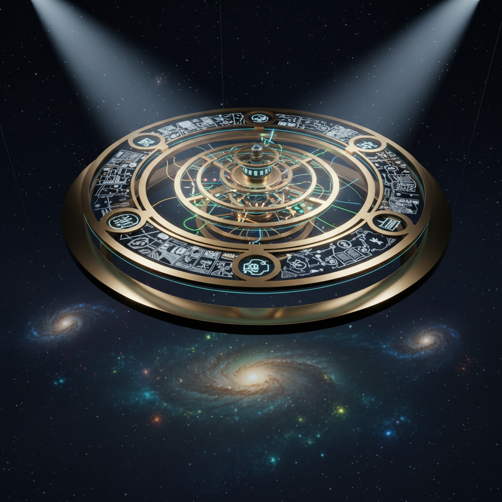 A branching-story control chamber rendered in polished digital art, with a circular platform suspended over a void of swirling galaxies. On the platform stands an intricate, non-humanoid narrative engine: interlocking rings of glass and brass, each etched with abstract icons resembling panels of a comic, pages of a book, and nodes of an interactive map. Luminous threads flow between the rings, splitting and recombining like branching timelines. Cool, focused spotlights from above carve sharp highlights and deep shadows, while the galaxies below provide a soft, colorful underglow. The mood is intellectual and exploratory, inviting the viewer to imagine choosing paths through speculative worlds. Framed from a high, three-quarters angle with strong depth, the image suggests elegant, interactive storytelling without showing any characters or readable text.